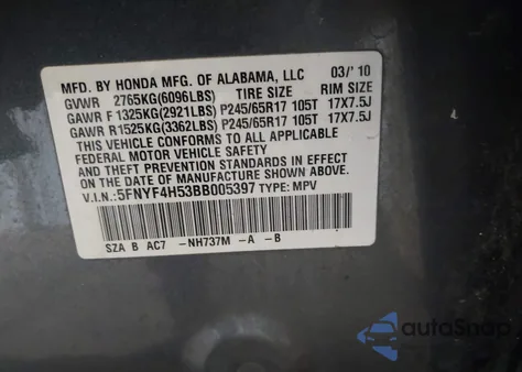 2011 Honda Pilot Ex-L z USA, uszkodzony, nr VIN 5FNYF4H53BB005397